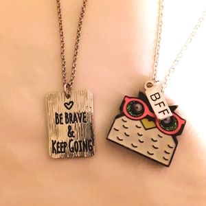 2 pair MOTIVATION BFF OWL SILVER NECKLACES